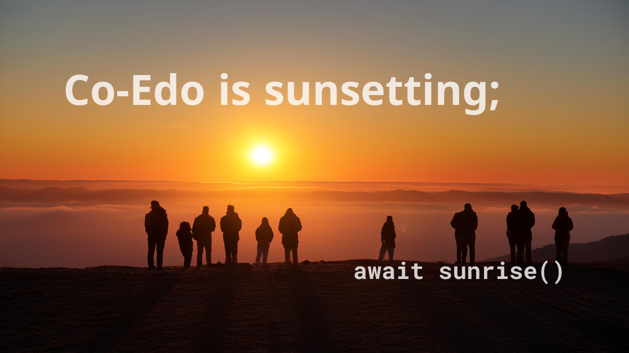 Co-Edo is sunsetting; await sunrise() 朝日のような夕日の写真。見つめる人影が複数